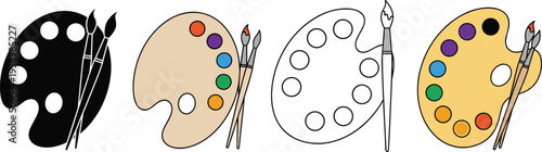 Artist paint palette icons set with brushes in colorful, outline and silhouette styles, creative art tool illustration isolated on gray background