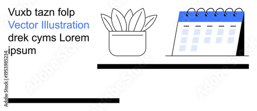 Office setup, scheduling, productivity, work-life balance, digital content, modern design. A potted plant with a calendar and stylized text layout. Office setup and scheduling concept