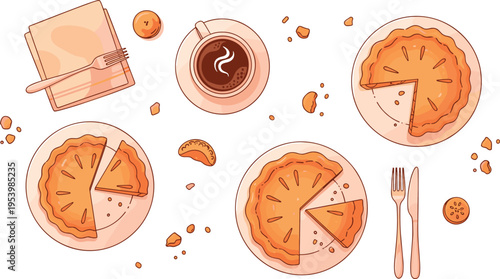 Pumpkin pie table scene with coffee cup plates slices and crumbs cozy autumn dessert vector illustration set