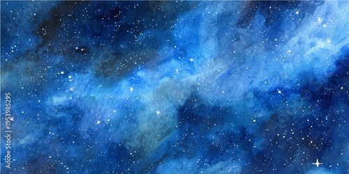 An abstract, impressionistic representation of the night sky, rendered in shades of blue with a scattering of luminous stars and nebulous clouds.