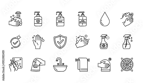 Hand hygiene thin line icons vector set pixel perfect washing sanitizer symbols
