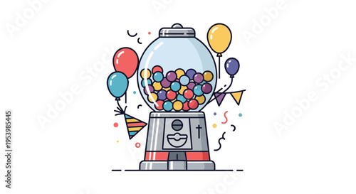 Colorful Gumball Machine Filled with Candies and Party Decorations.