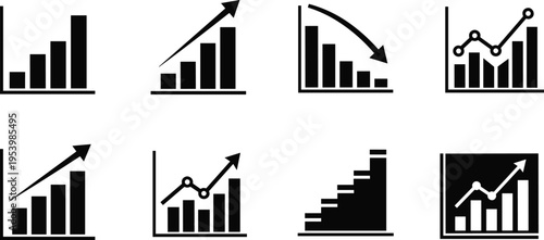 Business analytics chart icon set featuring bar graphs, growth arrows, trend lines, decline symbols, and financial data visualization elements