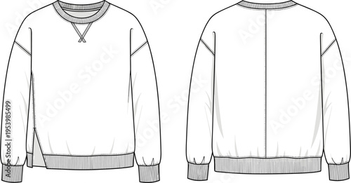 Technical fashion flat vector of a women's oversized crew neck sweatshirt with V-stitch detail and side slits for apparel design and manufacturing.