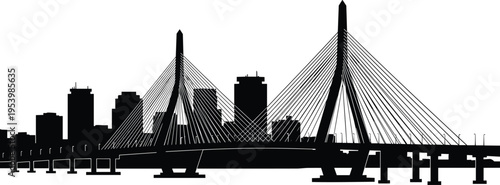 Cable stayed bridge and city skyline silhouette vector, modern urban landmark illustration in minimalist black style for architecture, travel, and infrastructure design