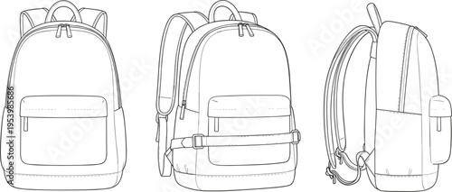 Backpack technical flat sketch vector illustration showing front side and perspective views for product design, rucksack template for school travel and accessory tech packs.