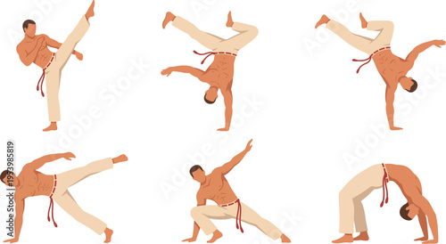 Capoeira Martial Arts Action Poses Set, Brazilian Dance Fighting Vector Illustration