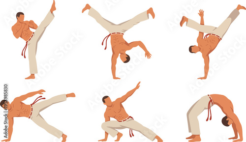 Capoeira Martial Arts Action Poses Set, Brazilian Dance Fighting Vector Illustration