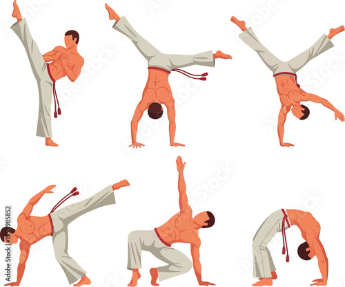 Capoeira Martial Arts Action Poses Set, Brazilian Dance Fighting Vector Illustration