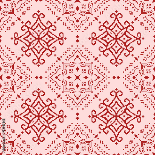 Red pixel art seamless folk pattern on pink background.