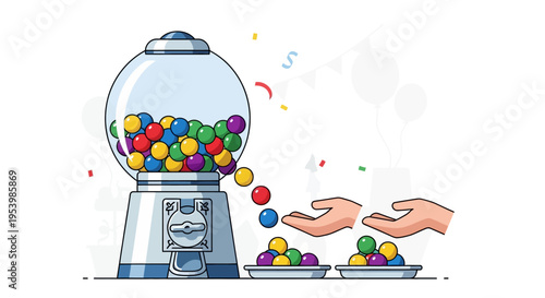 Gumball Machine Dispensing Colorful Candies into Hands.