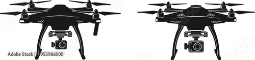 Drone quadcopter silhouette set with camera mounted aerial vehicles, modern unmanned aircraft illustration isolated on gray background for technology design