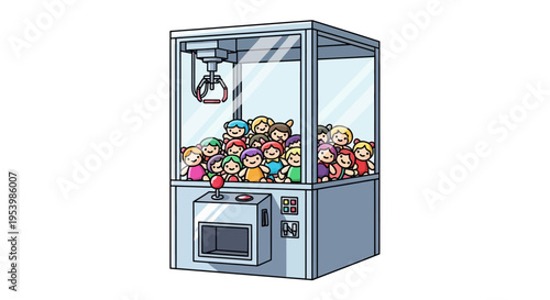 Illustration of a colorful stuffed animal claw machine arcade game.