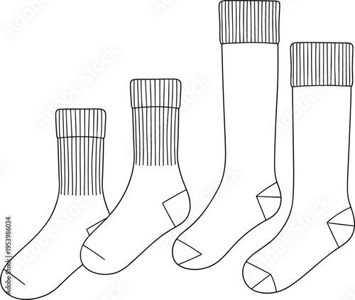 Technical fashion flat vector set of crew and knee high socks with ribbed cuffs and reinforced heels for apparel design and manufacturing.