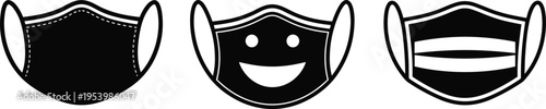 Face mask icons set with protective, smile and striped designs, black medical covering illustration collection isolated on gray background