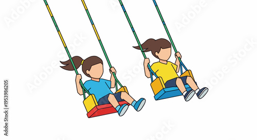 Two young girls enjoying a swing set ride together.