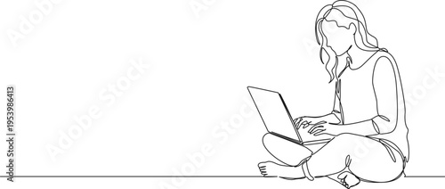 continuous line drawing of young female adult sitting cross-legged on floor using laptop computer, line art vector illustration