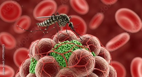 Mosquito on blood cells with green parasites microscopic view image