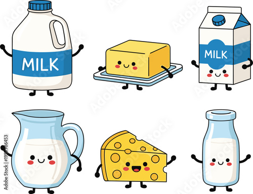 Cute milk and dairy product characters collection with bottle carton cheese butter and jug cartoon vector illustration set