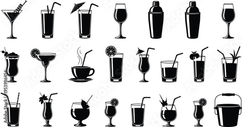 Cocktail and beverage icons collection with various glasses, shakers and drinks, bar menu vector illustration set, party refreshment symbols, isolated on light background