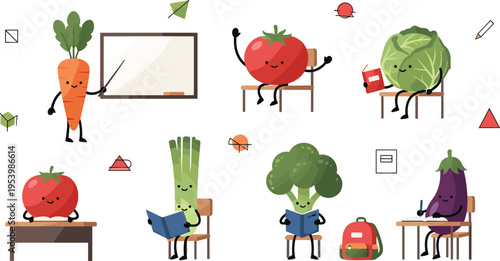 Cute vegetable school characters collection with carrot teacher tomato cabbage broccoli and eggplant classroom cartoon vector set