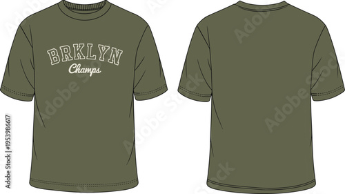 Graphic t-shirt mockup with front and back views featuring vintage typography print, casual streetwear apparel design template isolated on clean background