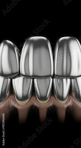 Metallic dental crowns detailed close up of artificial teeth for medical illustration