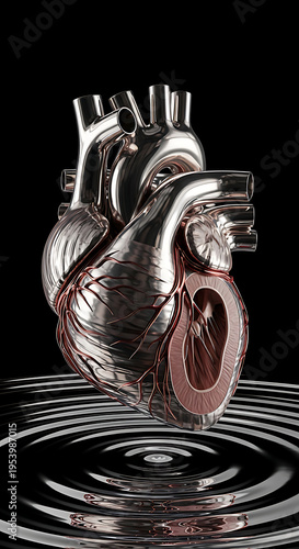 Metallic human heart model on reflective surface medical illustration