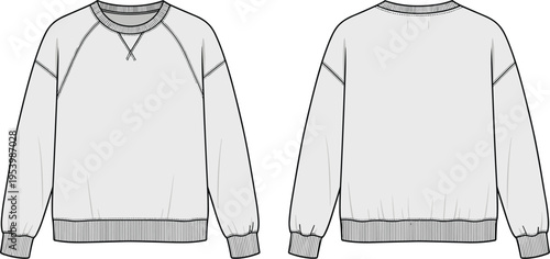 Raglan sleeve sweatshirt technical fashion flat sketch vector illustration showing front and back views for streetwear design, fleece pullover template for apparel tech packs.