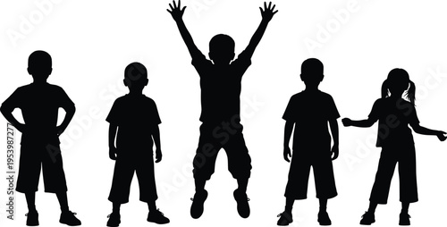 Kids silhouette set with standing and jumping children, playful poses, childhood activity concept, and youth lifestyle illustration collection