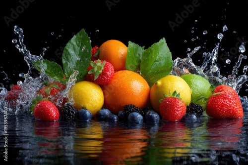 Assorted citrus and berries on water with splashing waves featuring oranges lemons limes strawberries and blueberries with leaves and vivid reflections