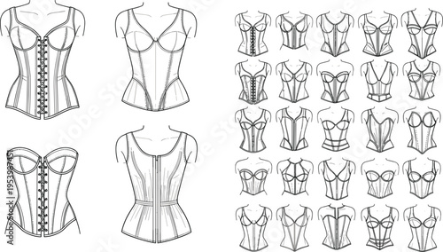 Women corset and bustier technical fashion flat sketch collection featuring various neckline styles, lace up details and lingerie bodice templates for apparel design tech packs.
