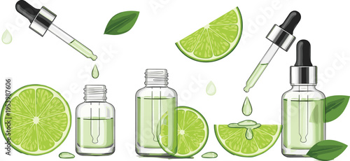 Lime essential oil dropper bottles with citrus slices and leaves natural cosmetic skincare product vector illustration set