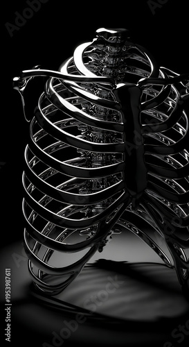 Metallic human rib cage illustration against transparent background