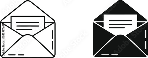 Open envelope with document inside. black and white vector illustration for mail and message