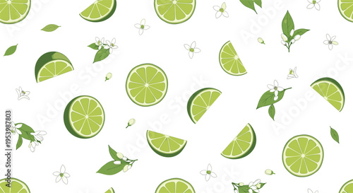 Seamless lime pattern with citrus slices leaves and blossoms fresh summer fruit background vector illustration design
