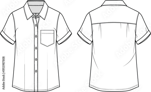 Short sleeve button up shirt technical flat sketch vector illustration showing front and back views with pocket detail for fashion design and apparel manufacturing tech packs.