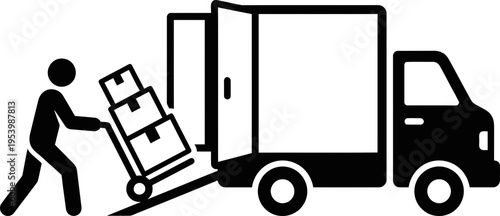 Man shipping boxes on a hand truck into delivery truck. Moving service, cargo, distribution. Black icon for logistic, delivery illustration