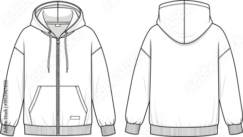 Technical fashion flat vector of a men's and women's oversized zip-up hoodie with front pockets and drawstring for apparel design and manufacturing.