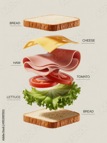 Exploded view of ham and cheese sandwich with labeled food components