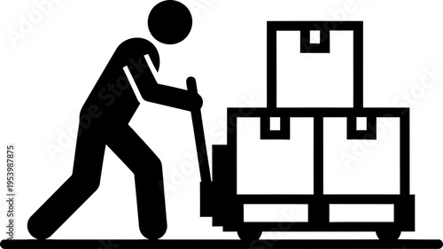 Man pushing pallet truck with boxes,物流 symbol. Delivery, warehouse, shipping concept. Black simple icon for logistic illustration