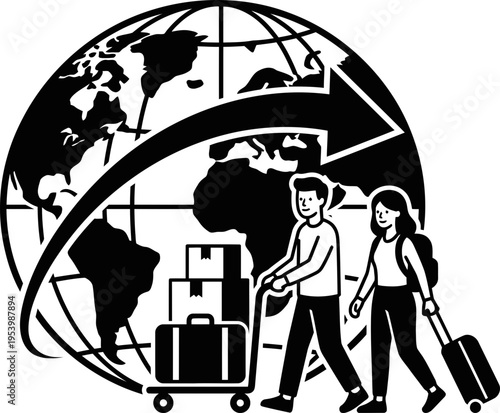 Man and woman traveling with luggage, a large globe with shipping arrow in background. Travel, delivery, relocation concept. Vector illustration