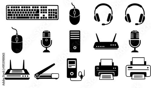 Bold computer gadget icons vector set with keyboard mouse headset microphone printer and router black and white isolated on white
