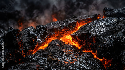 Cinematic volcanic ground with molten lava flowing through cracks