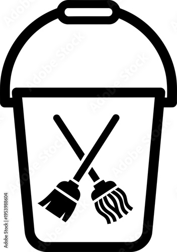Cleaning bucket with crossed broom and mop outline icon. Household sanitation and hygiene equipment symbol. Vector illustration