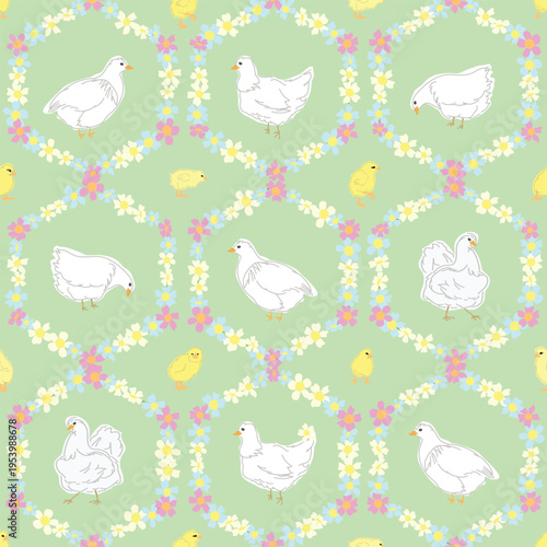 White Chickens and Cute Yellow Baby Chicks Framed in Floral Hexagonal Wreaths on a Pastel Green Background