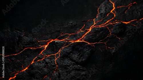 Abstract volcano texture with glowing lava lines on black surface