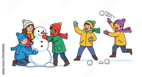 Children happily building a snowman and playing snowballs.