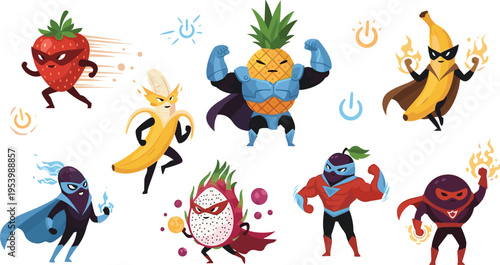 Superhero fruit characters collection with banana pineapple strawberry and dragon fruit powerful cartoon mascots vector illustration set