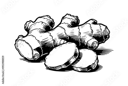 Whole ginger root with slices shown in detailed hand-drawn ink style on clean white background, representing food, spice, and herbal concept